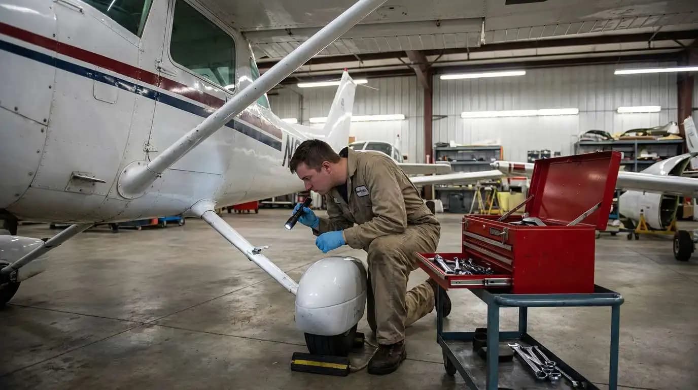 Aviation technician inspecting Cessna trainer main landing gear during annual inspection