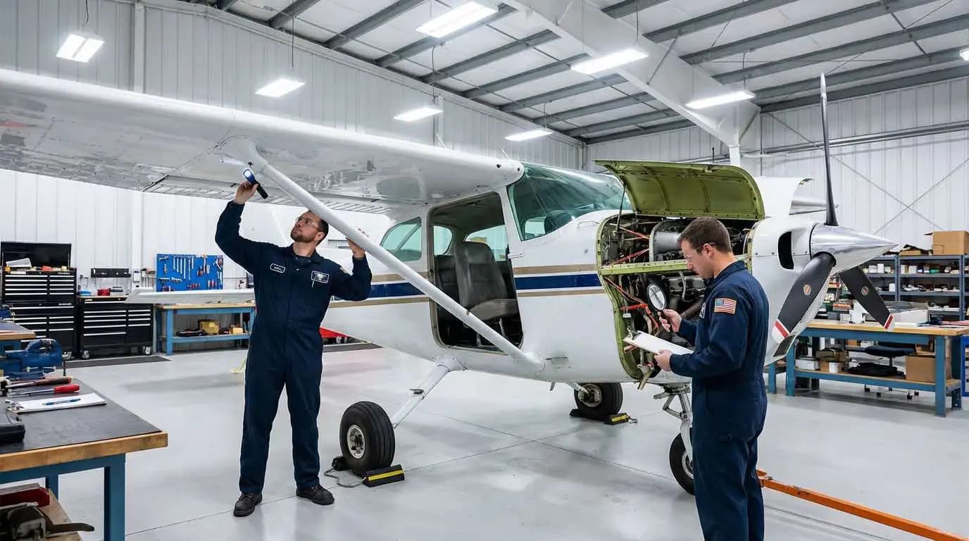Cessna 172 undergoing thorough airframe inspection in a maintenance hangar