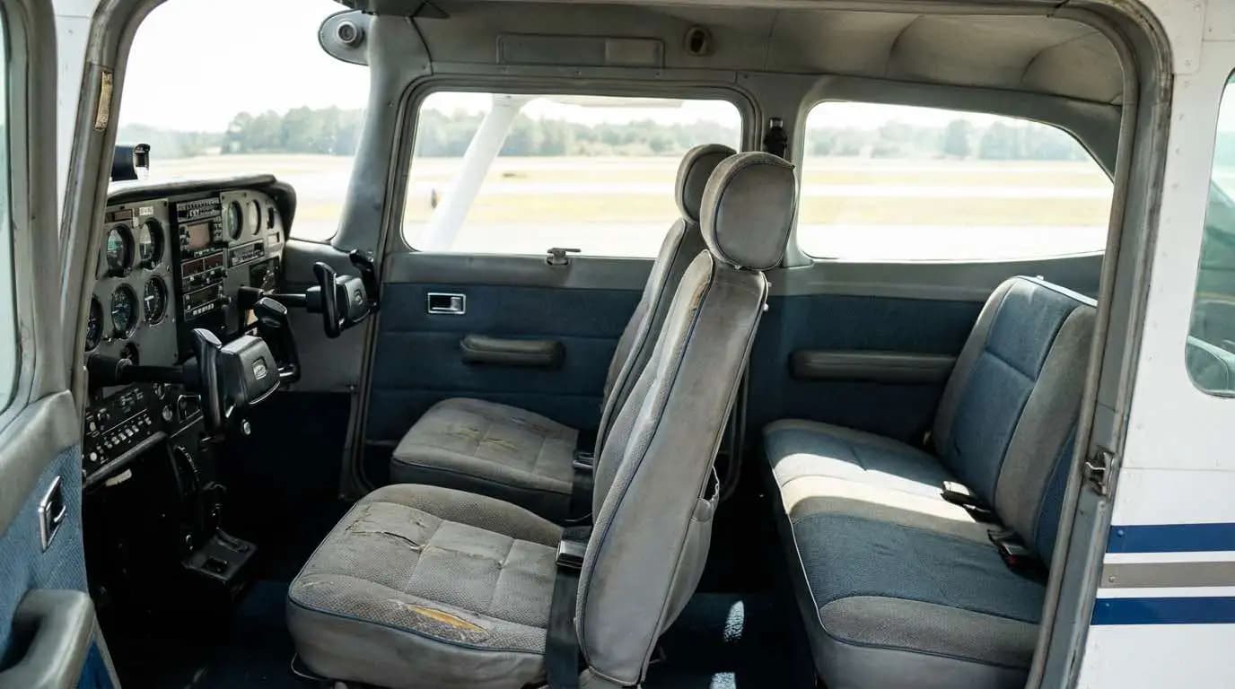 Cessna 172 cabin interior showing four-seat configuration with simple avionics panel