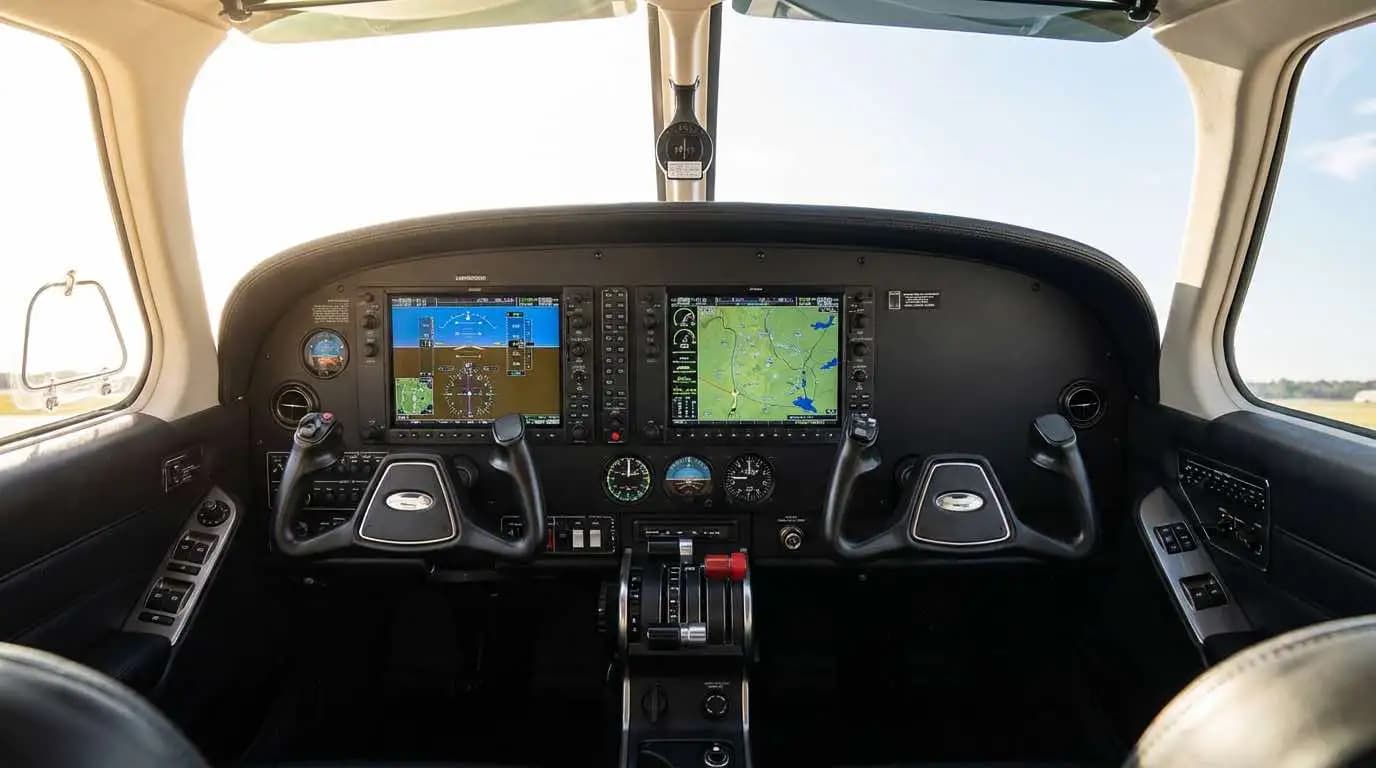 Cessna 172 cockpit showing modern glass avionics display and instrument panel layout