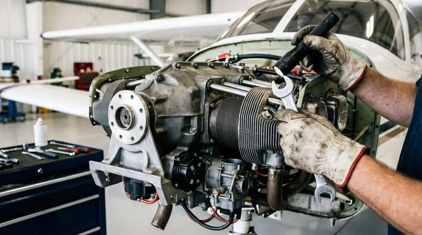 Cessna 172 Lycoming engine undergoing maintenance at a certified repair shop