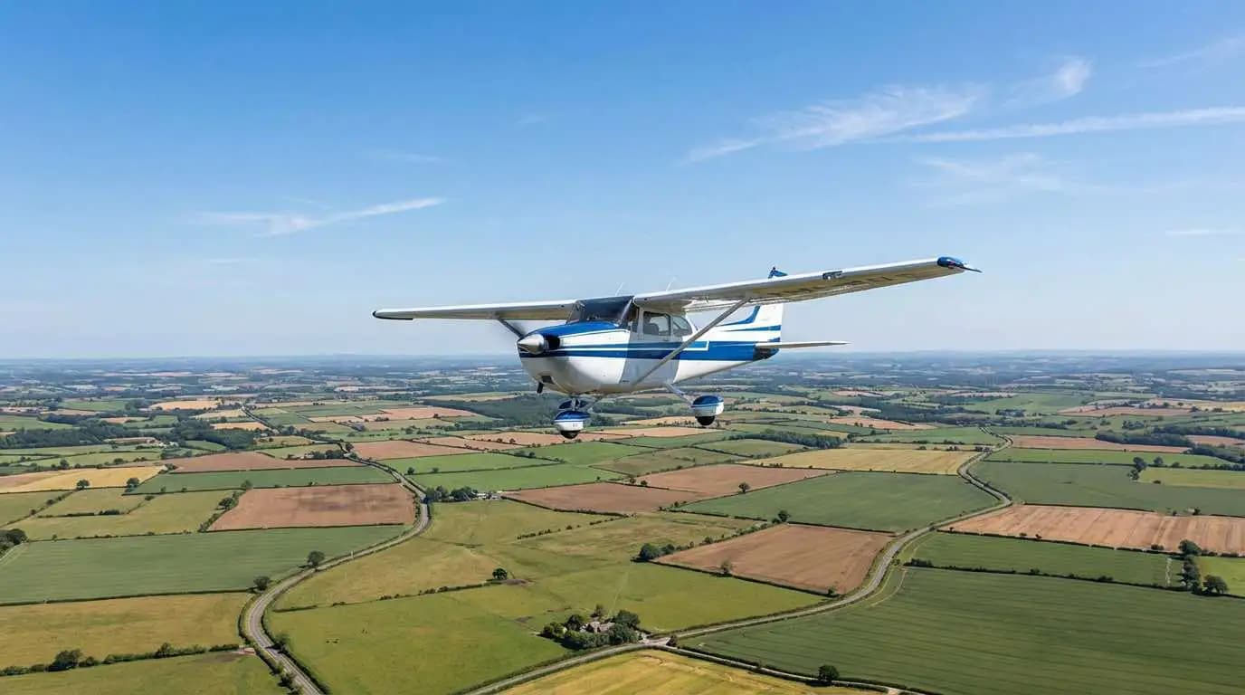Cessna 172 in flight over rural landscape at cruise altitude showing high-wing configuration