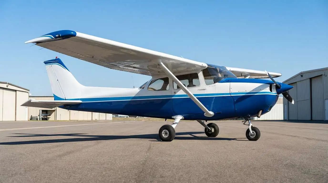 Cessna 172 Skyhawk parked on ramp showing high-wing profile and distinctive tail design