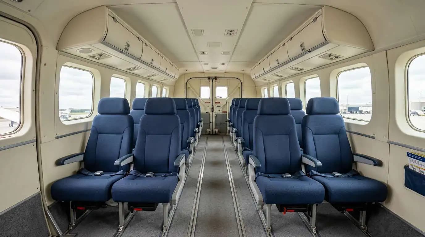 Cessna 208 Caravan passenger cabin showing commuter seating configuration with overhead storage bins