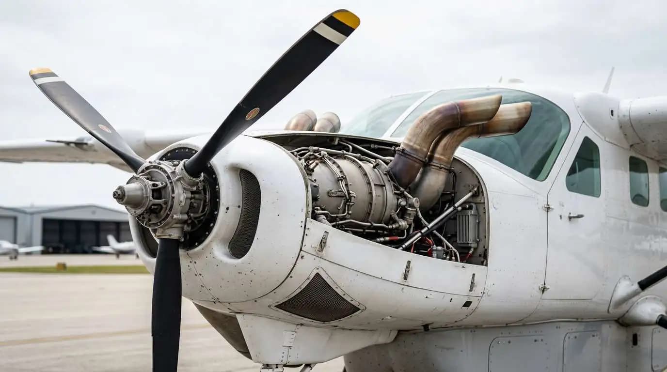 Pratt and Whitney PT6A turboprop engine on Cessna 208 Caravan showing cowling and exhaust stack