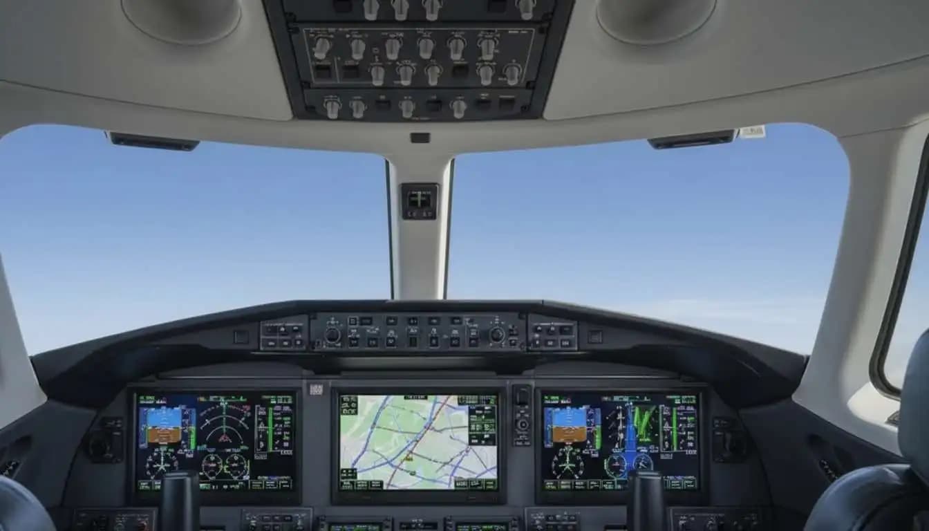 Cessna Citation Longitude cockpit with Garmin G5000 triple touchscreen avionics displays