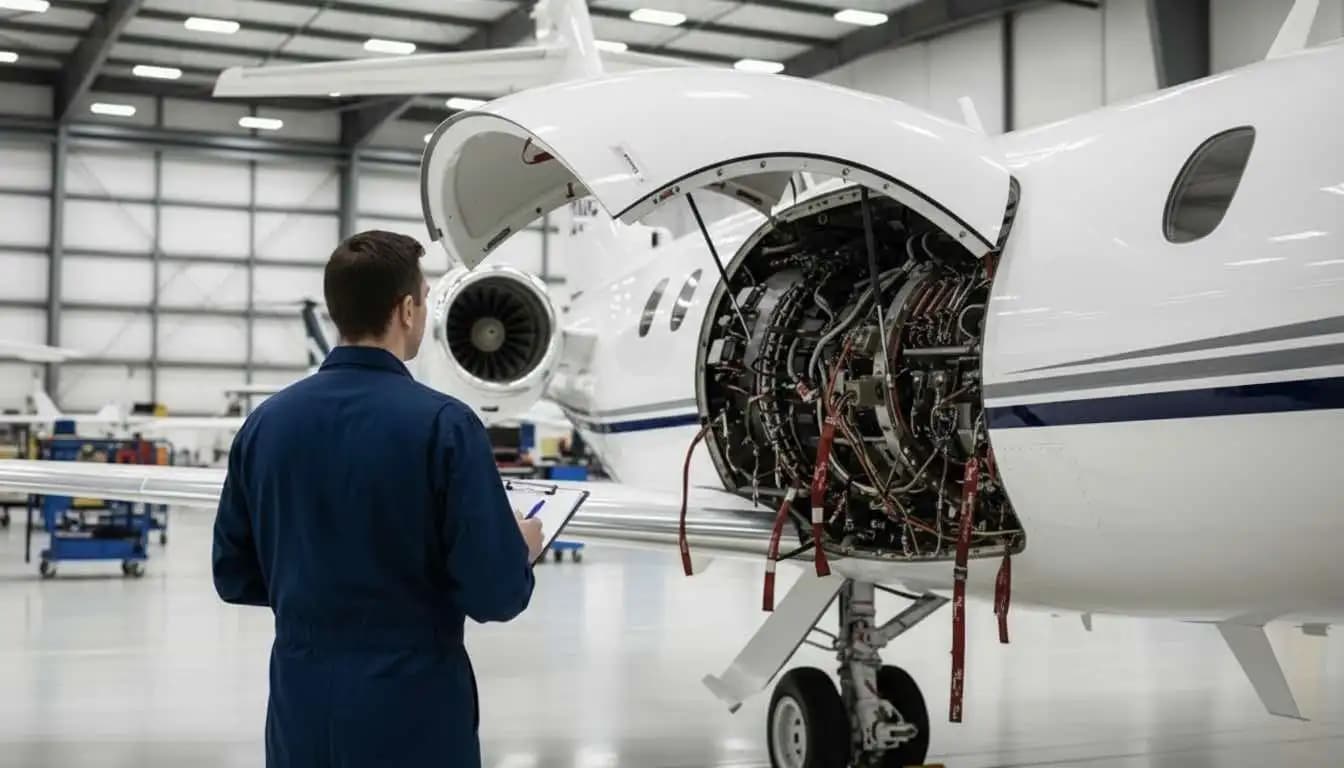 Aviation technician inspecting Cessna Citation Longitude engine nacelle during pre-purchase evaluation