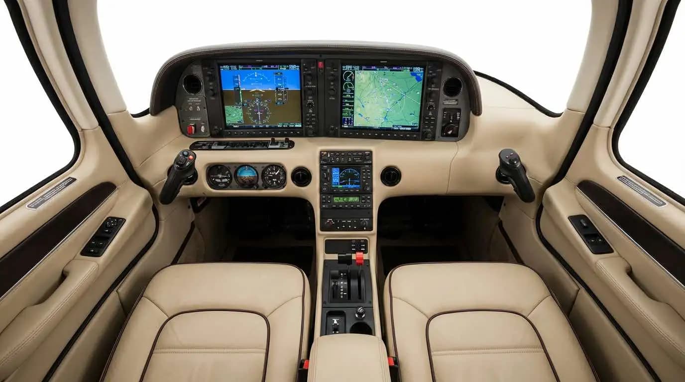 Cirrus SR20 cabin interior showing modern avionics panel and comfortable seating arrangement
