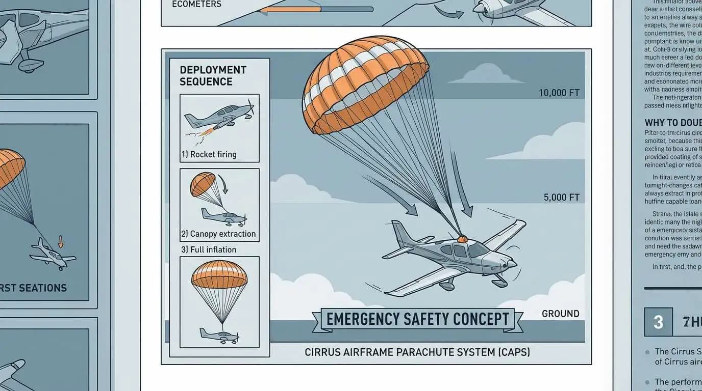 Illustration of Cirrus SR20 CAPS parachute system deployment showing whole-aircraft emergency descent