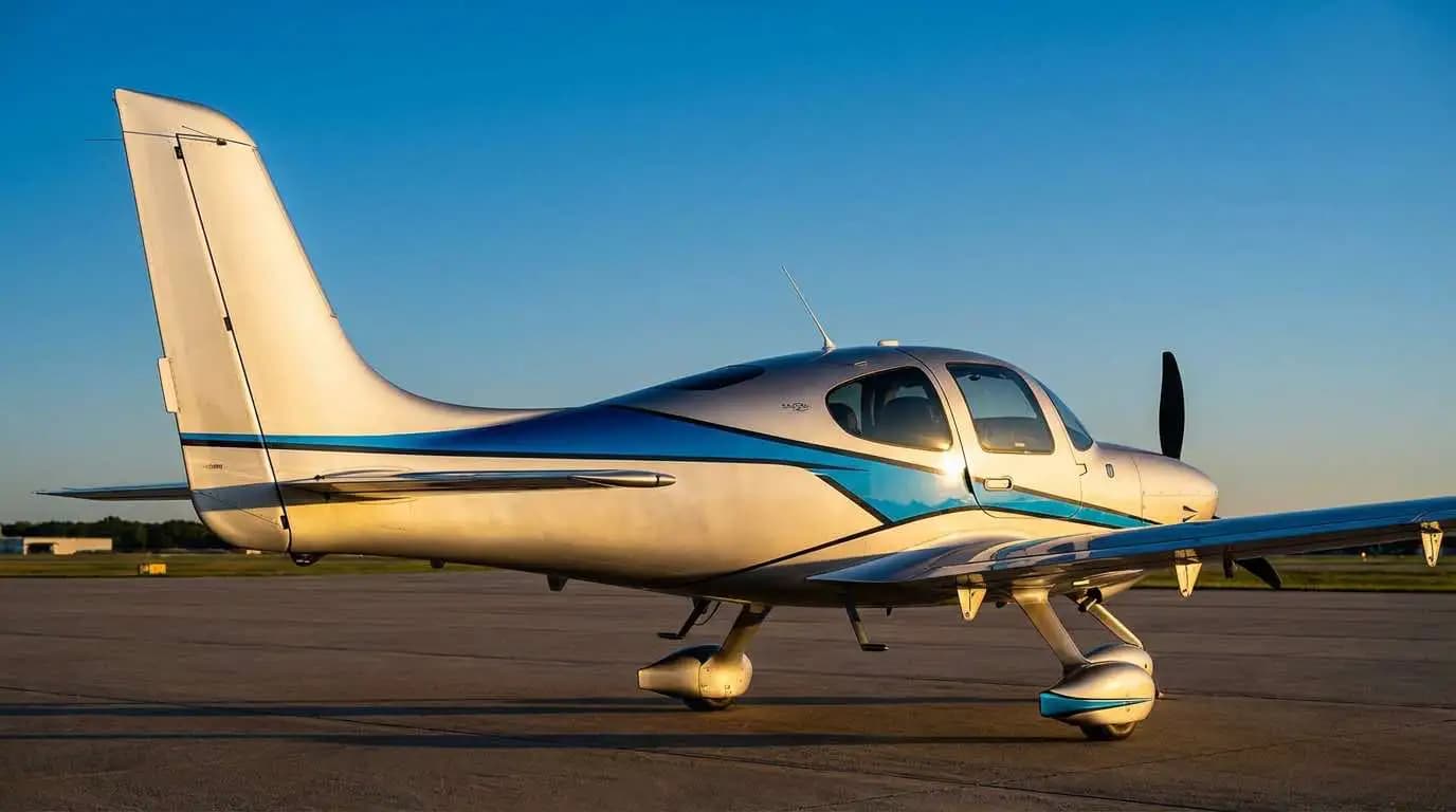 Cirrus SR20 parked on ramp showing modern composite airframe and sleek aerodynamic design