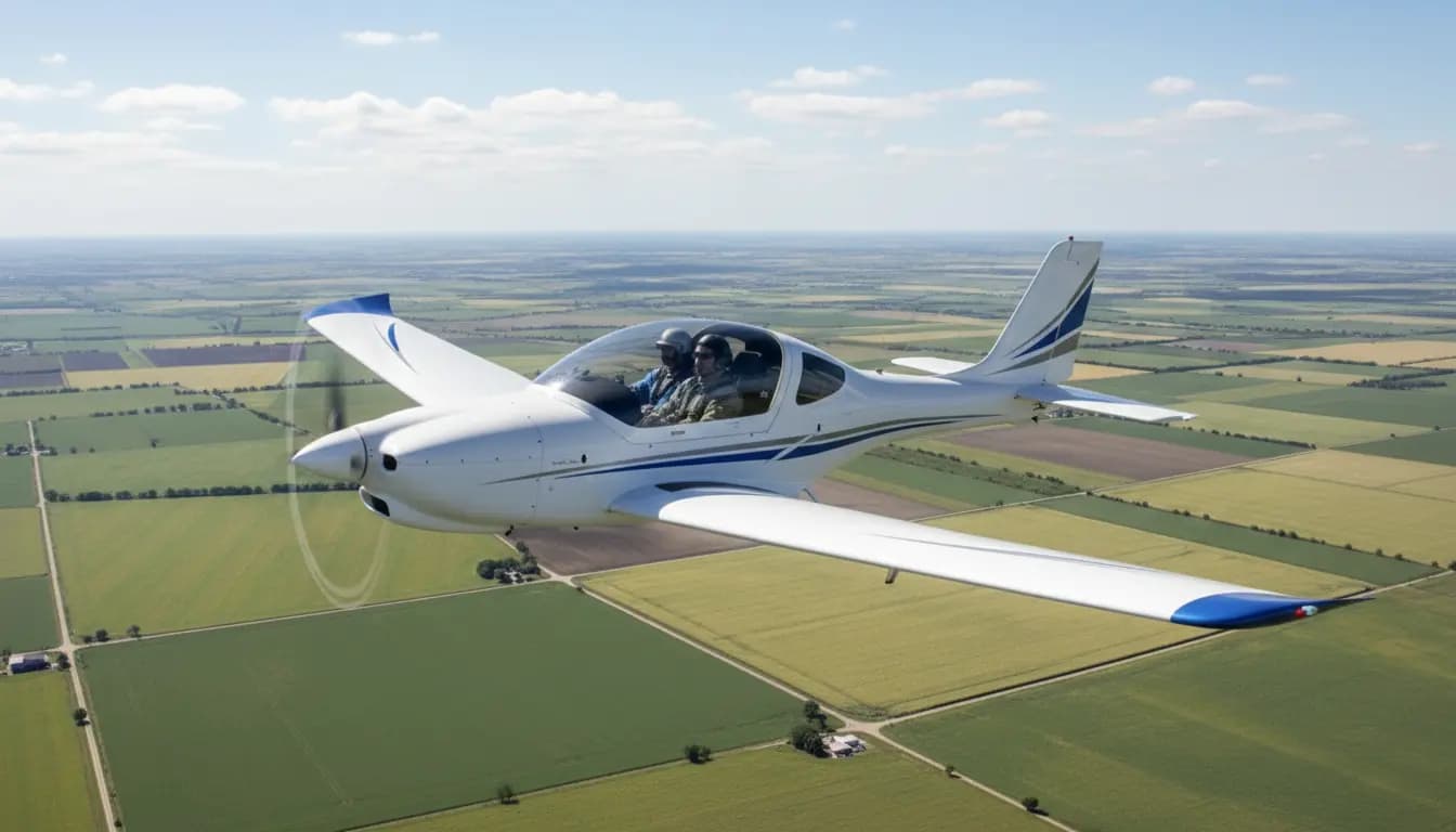 Light sport aircraft in flight over farmland