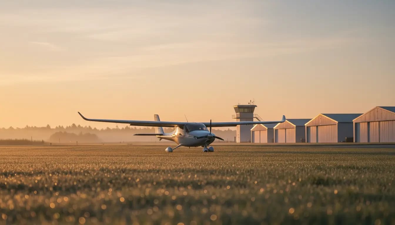 Light sport aircraft at sunrise on a grass strip