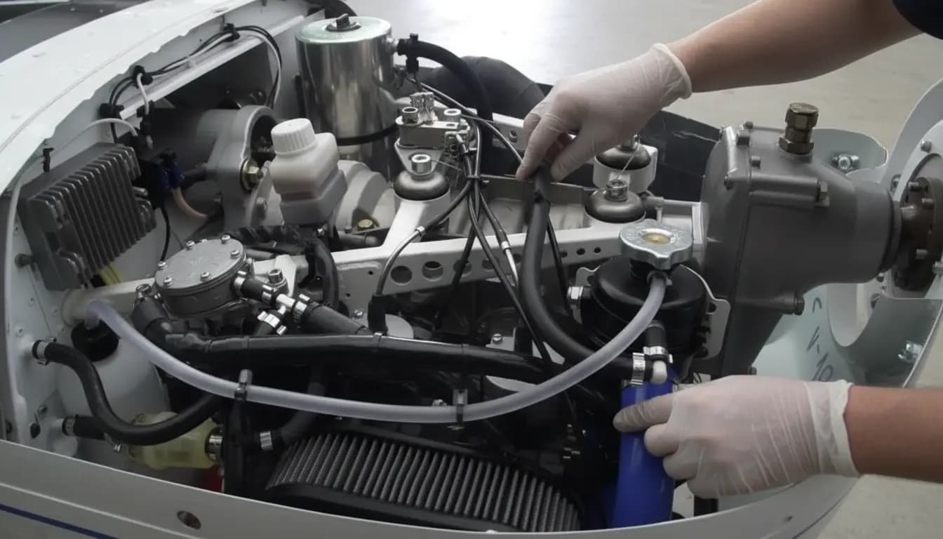 Mechanic inspecting a light sport aircraft engine