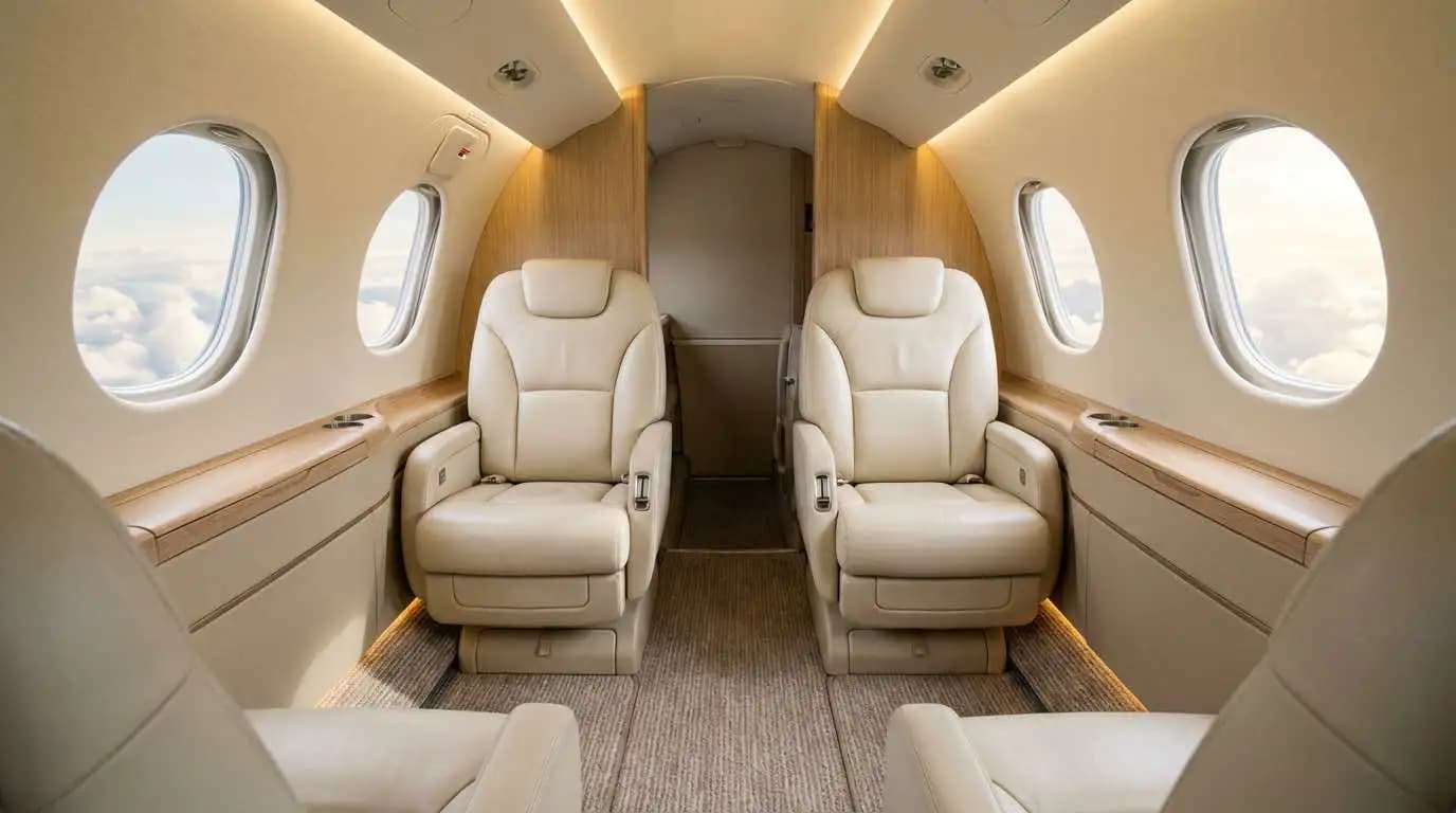 Piper Meridian pressurized cabin interior showing leather passenger seating and oval window configuration