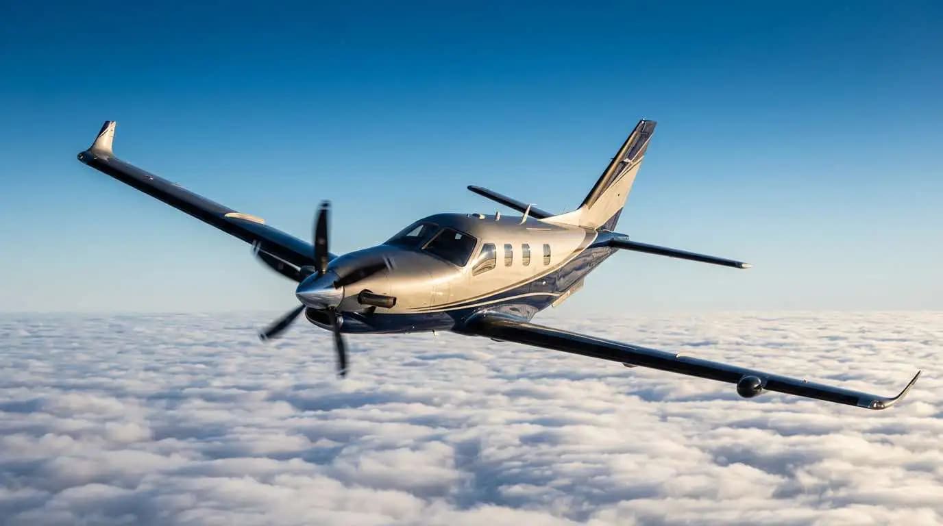 Piper Meridian in cruise flight showing pressurized fuselage and five-blade propeller configuration