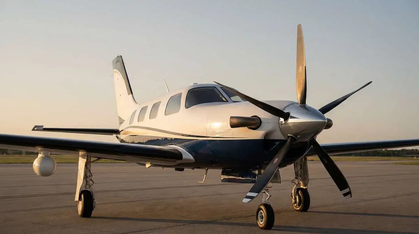 Piper Meridian M500 parked on ramp showing single-engine turboprop profile and PT6A cowling