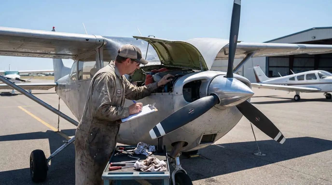 Piper Meridian undergoing pre-purchase inspection with mechanic reviewing PT6 engine and landing gear