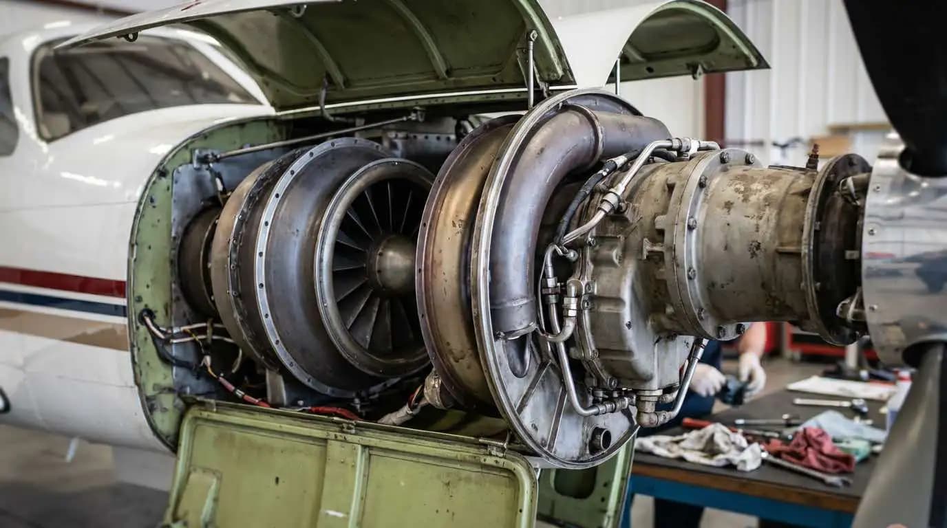 Piper Meridian PT6A-42A engine with cowling open showing turboprop inlet and exhaust stack detail
