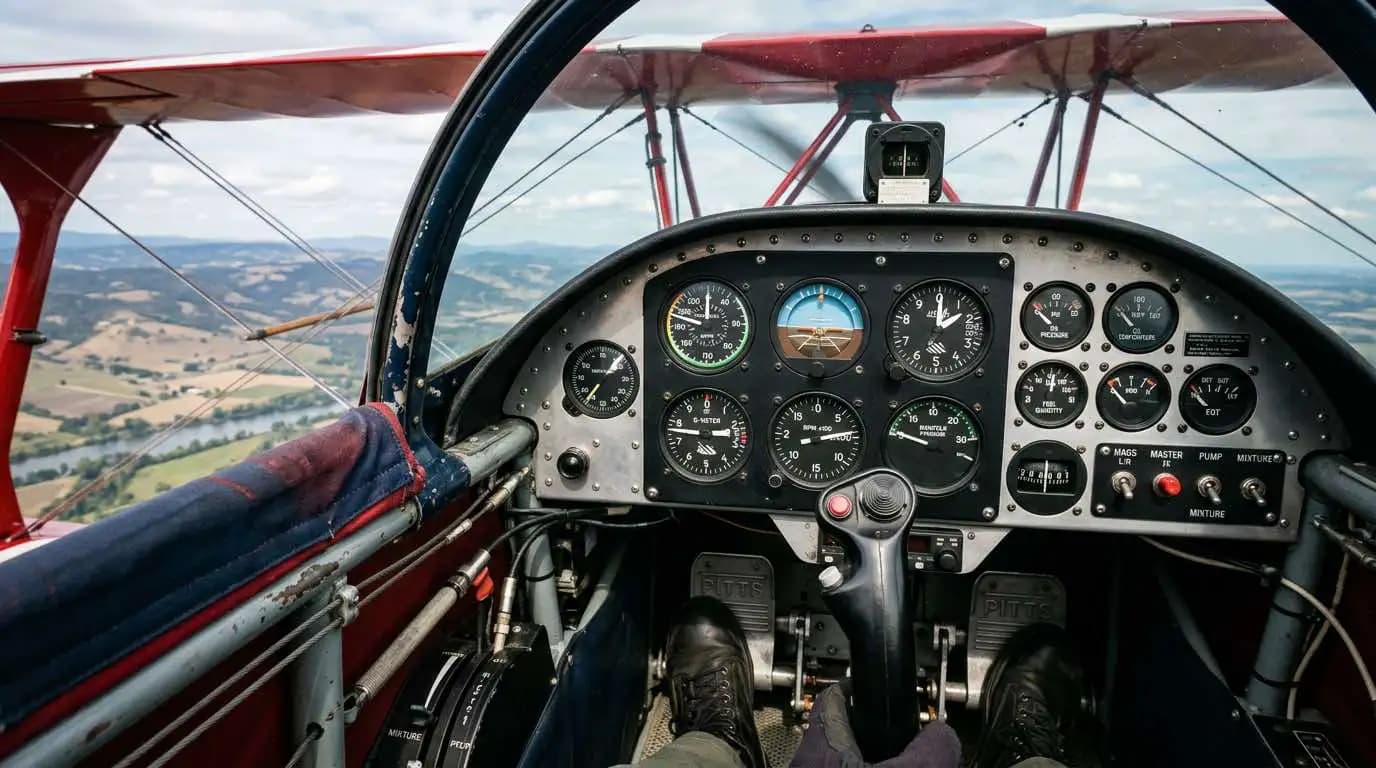Pitts S-2B front cockpit instrument panel showing aerobatic flight gauges and controls