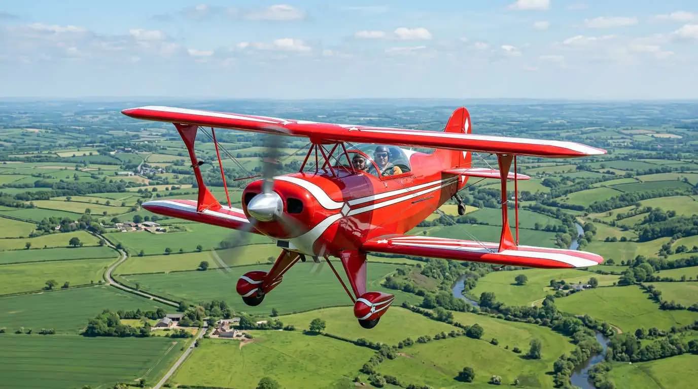 Pitts S-2B in flight over green landscape showing biplane silhouette from above