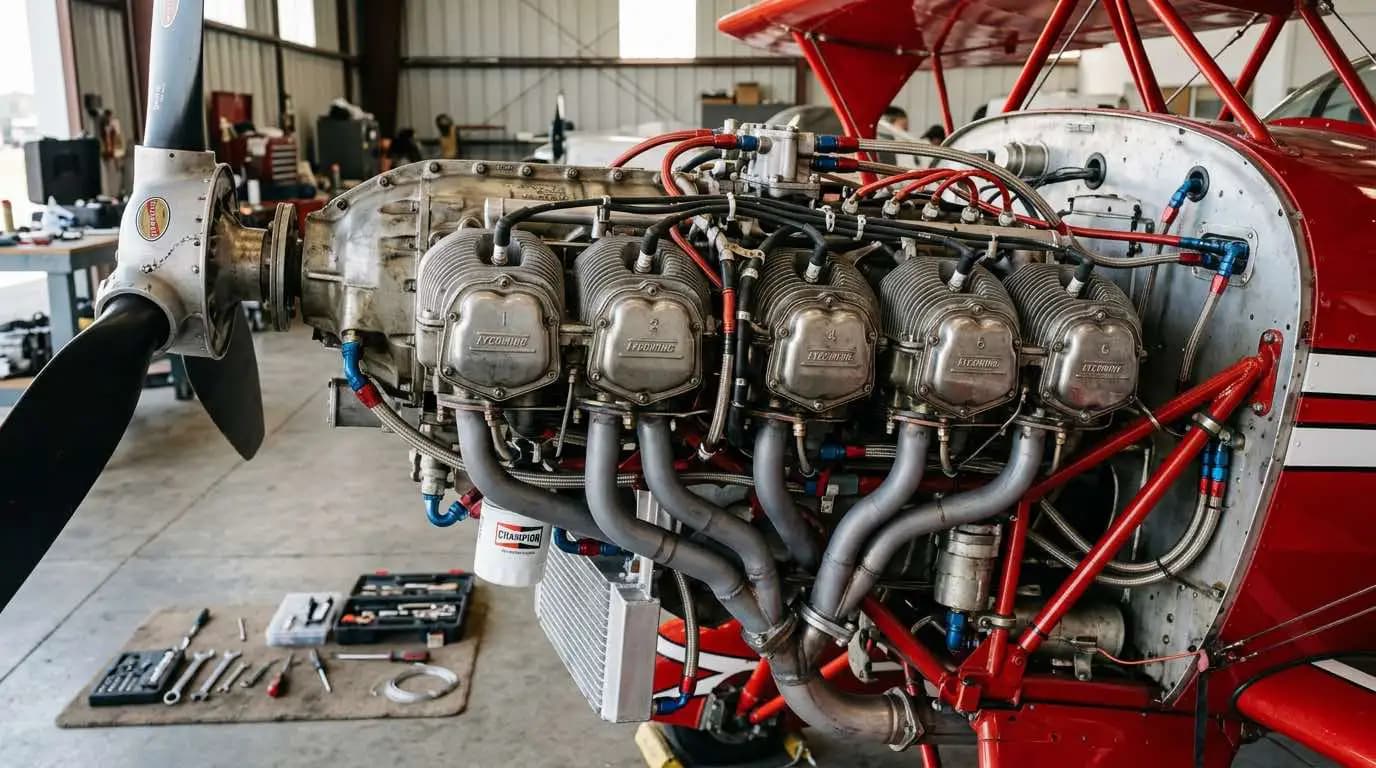 Pitts S-2B Lycoming engine exposed with cowling removed during maintenance inspection