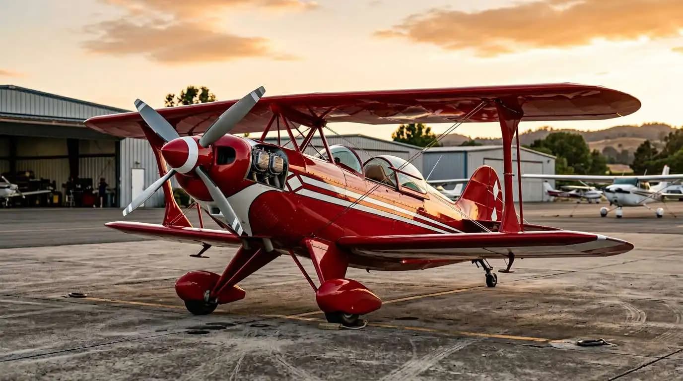 Pitts S-2B aerobatic biplane parked on ramp showing distinctive biplane wing profile