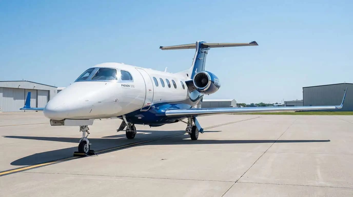 Light jet private aircraft parked on ramp showing single-pilot certified airframe and compact twin engine configuration