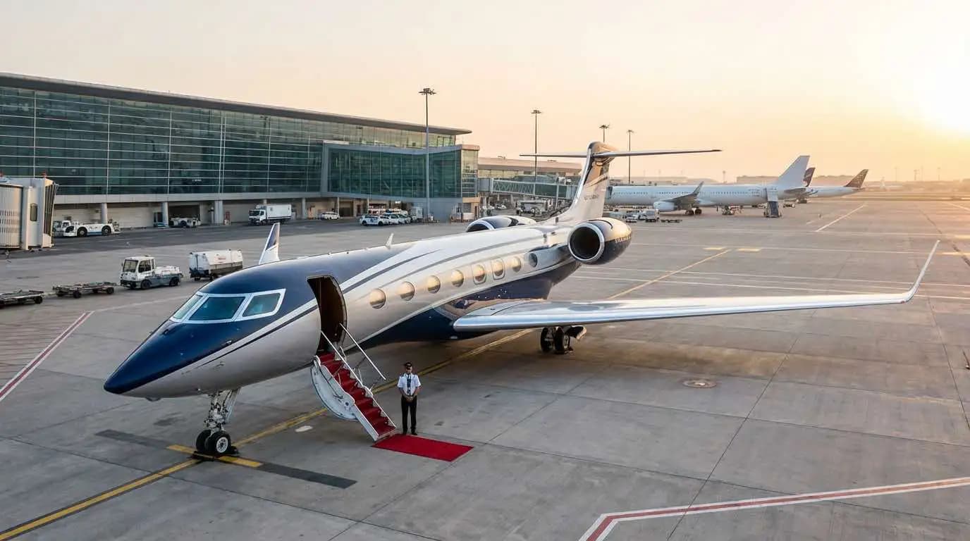 Ultra-long-range private jet positioned at international terminal showing wide fuselage and winglet configuration