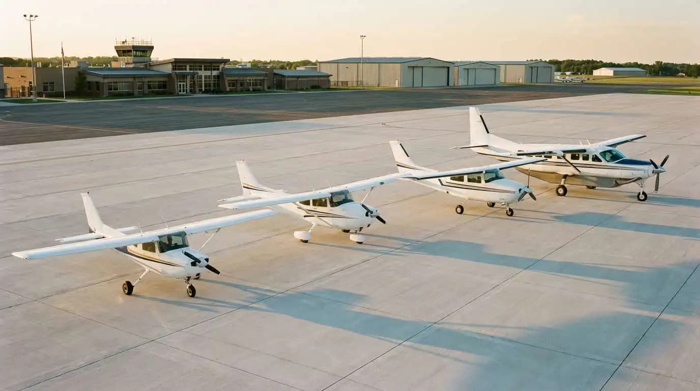 Cessna airplane lineup parked on ramp at general aviation airport showing multiple models