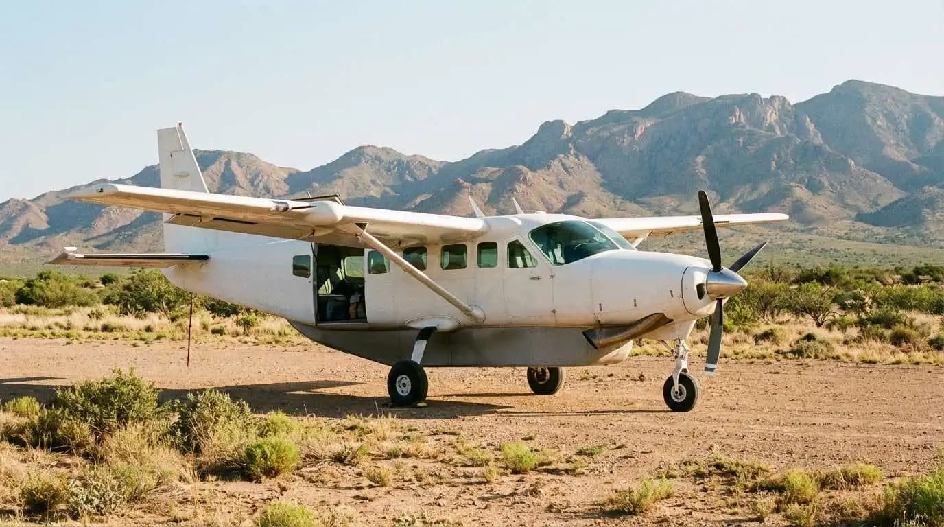 Cessna Caravan turboprop loaded for cargo operations at remote airstrip