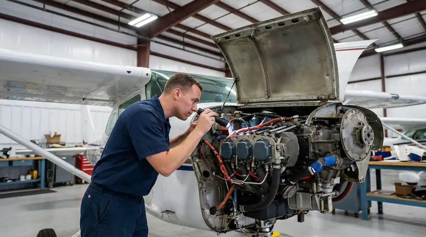 Aviation technician inspecting Cessna piston engine during pre-purchase evaluation in hangar
