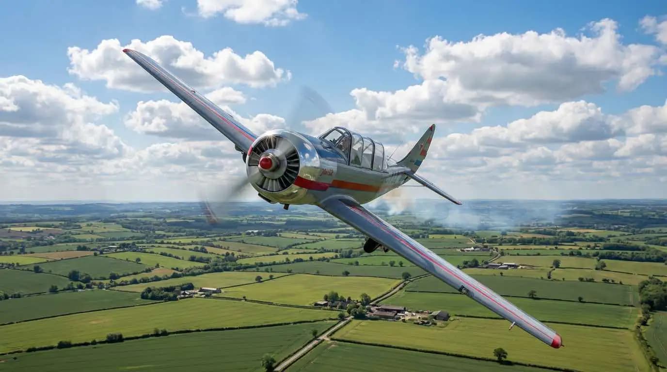 Yak 52 performing aerobatic maneuver in flight over open countryside with clear horizon