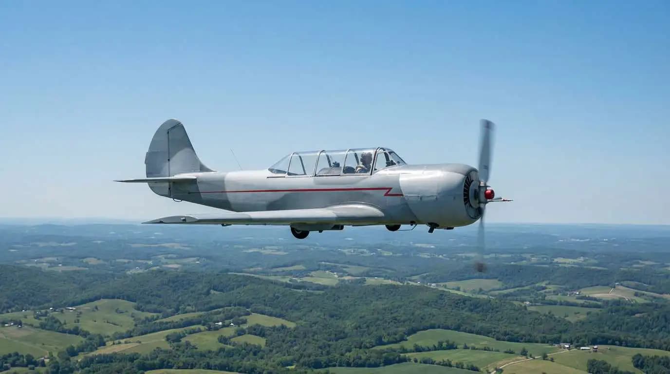 Yak 52 in cruise flight with landing gear retracted showing clean aerodynamic profile