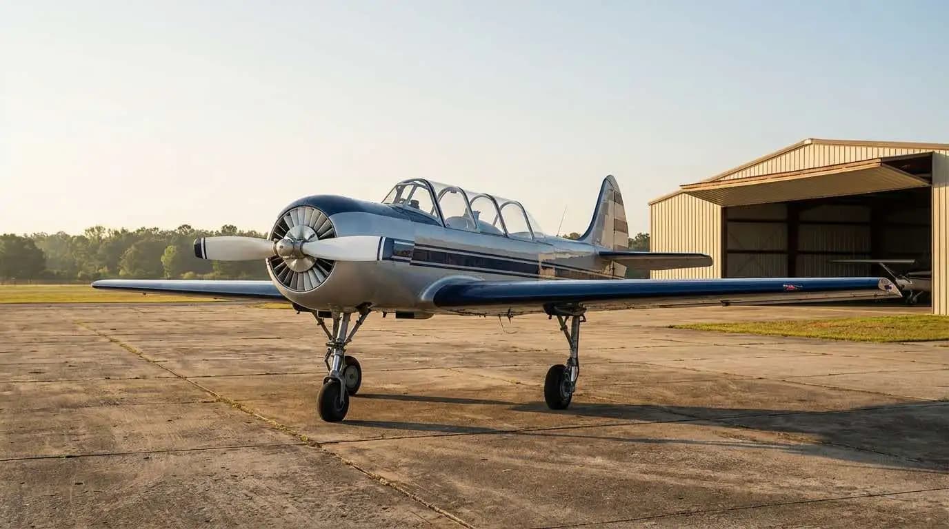 Yak 52 parked on ramp showing radial engine cowling and tandem cockpit canopy