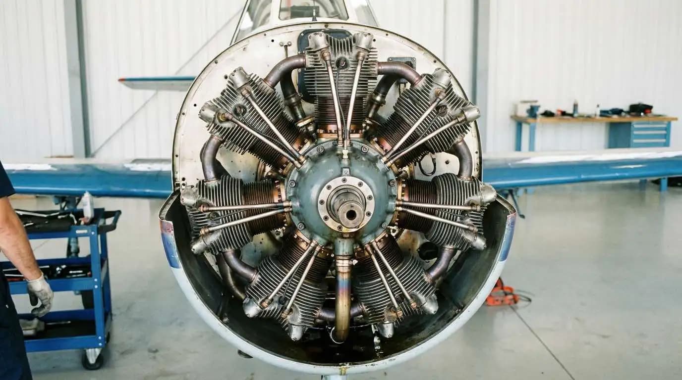 Yak 52 radial engine exposed with cowling removed during detailed maintenance inspection