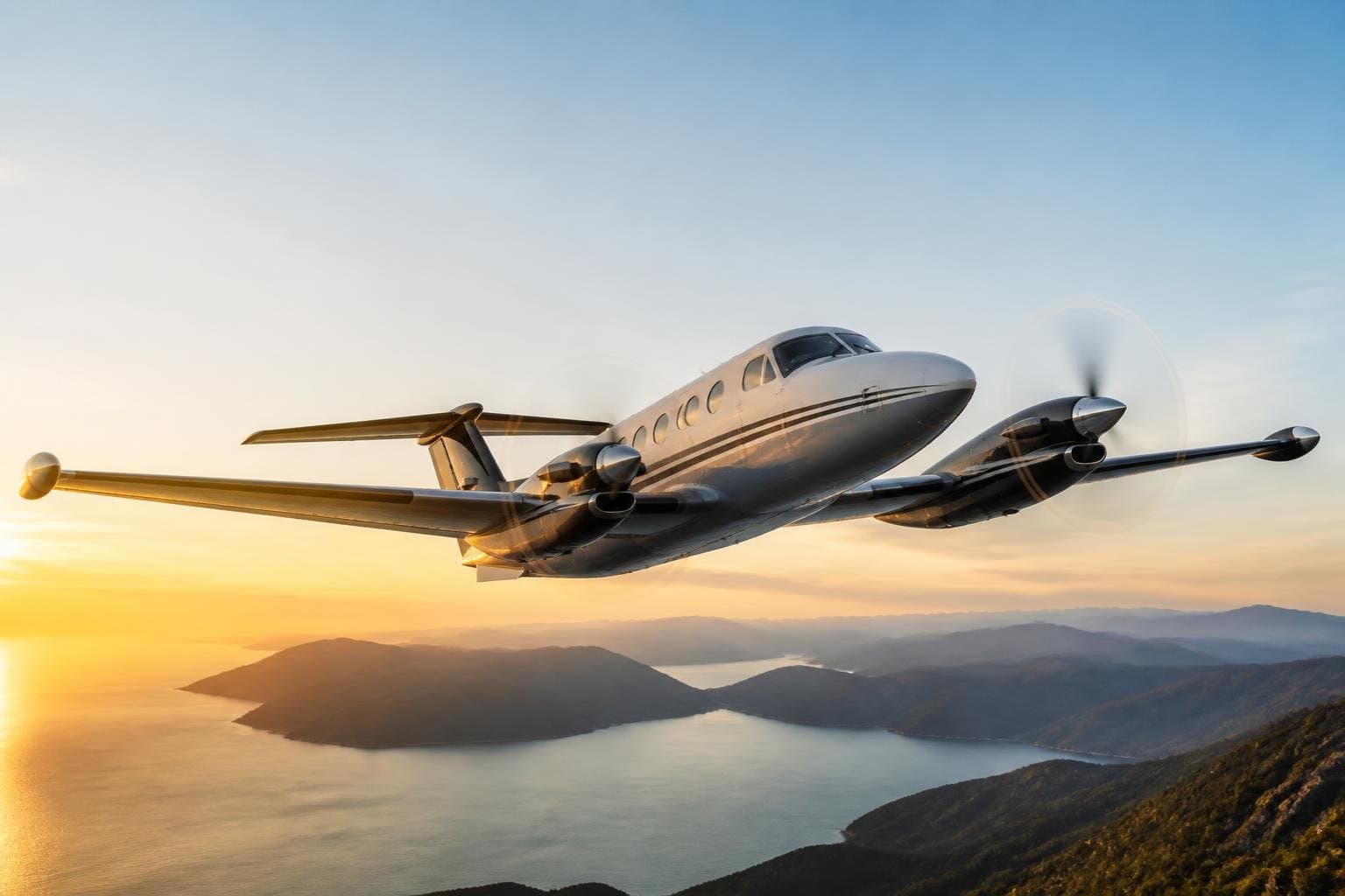 Beechcraft King Air 350i-style twin-turboprop climbing above a coastal landscape at golden hour