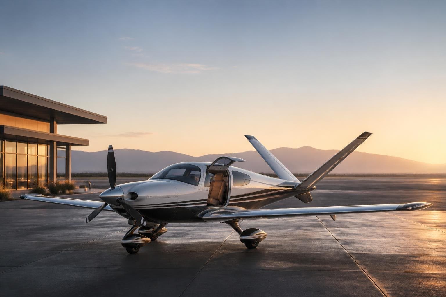 A polished V-tail Beechcraft Bonanza-style touring aircraft parked at an airport at dawn