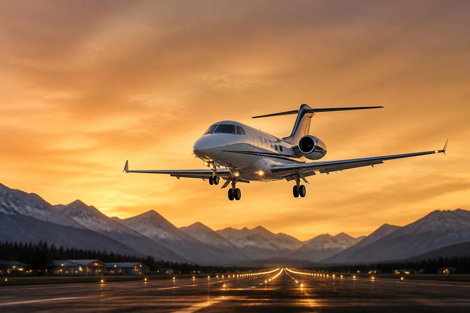 Compact twin-engine business jet on final approach to a mountain-framed executive airport at golden hour