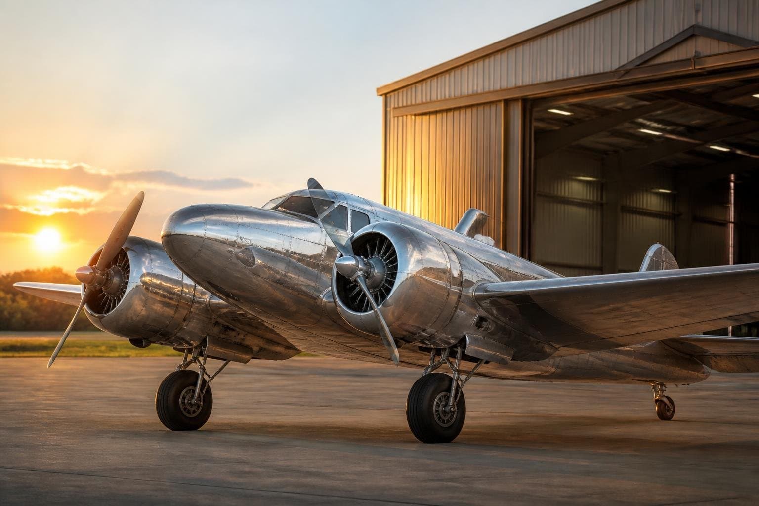 Beautifully preserved unmarked Beechcraft D18S-style vintage twin outside a classic hangar at golden hour
