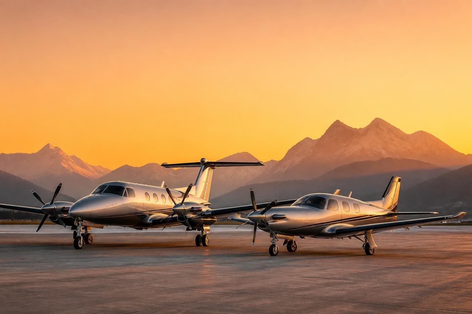 A twin-engine and a single-engine turboprop aircraft parked side-by-side on an airport tarmac at sunset with mountains in the background.