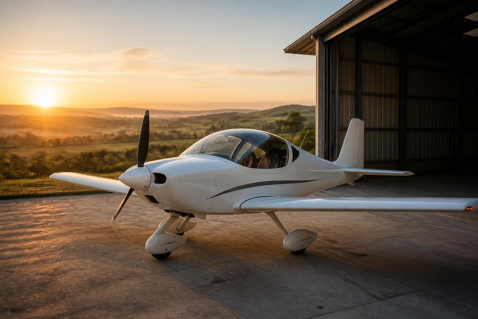 Modern low-wing light sport aircraft outside a rural hangar at sunrise