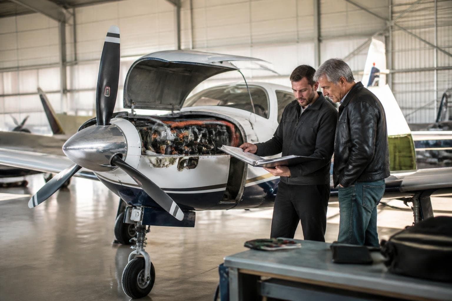 Buyer and mechanic inspecting an open-panel light aircraft and maintenance files in a hangar