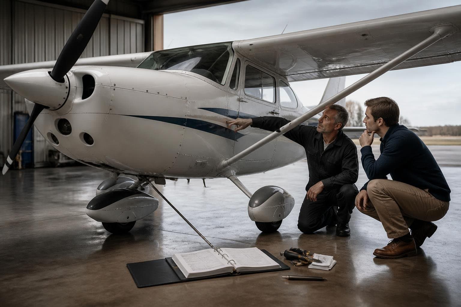 Technician and prospective buyer inspecting an unmarked light aircraft in a maintenance hangar