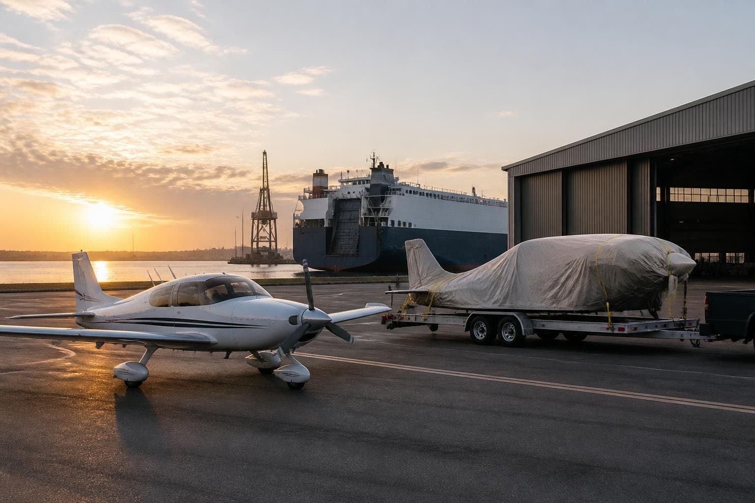 Light aircraft taxiing, protected aircraft on a trailer, and cargo vessel illustrating aircraft delivery methods