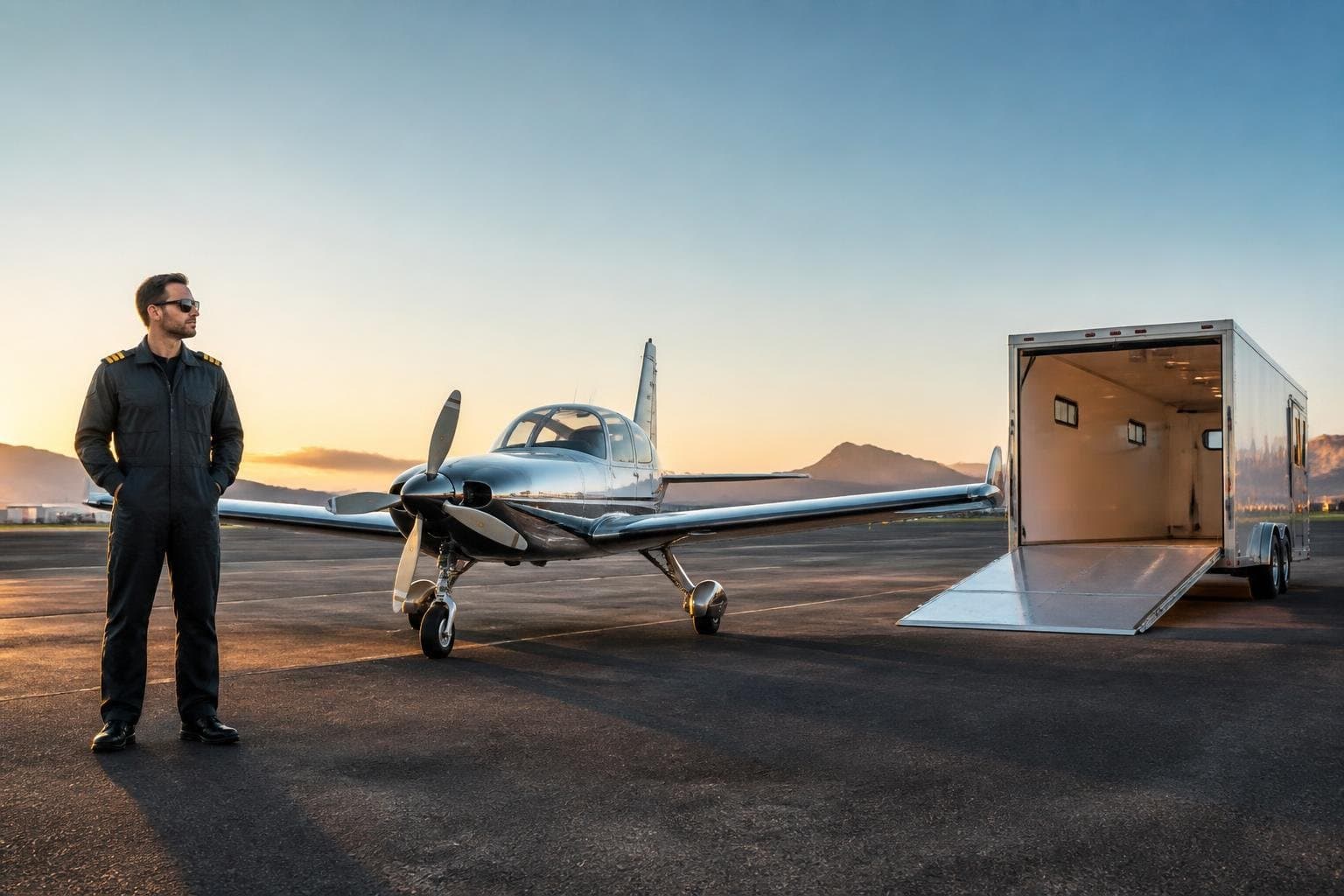 Light aircraft at an airport apron between a ferry pilot and enclosed specialist transport trailer