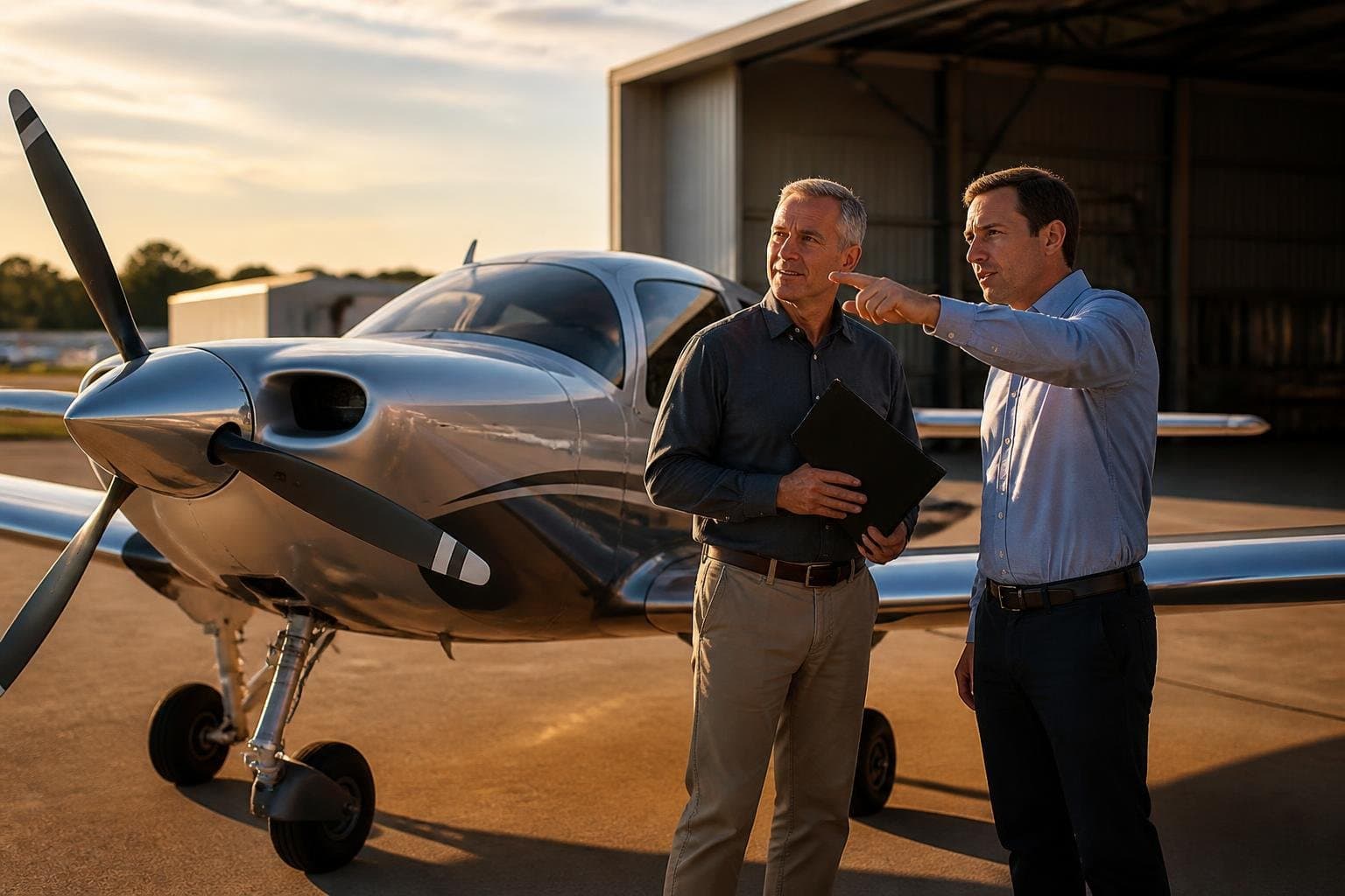 Prospective aircraft owner and aviation advisor beside a single-engine aircraft at a sunlit hangar
