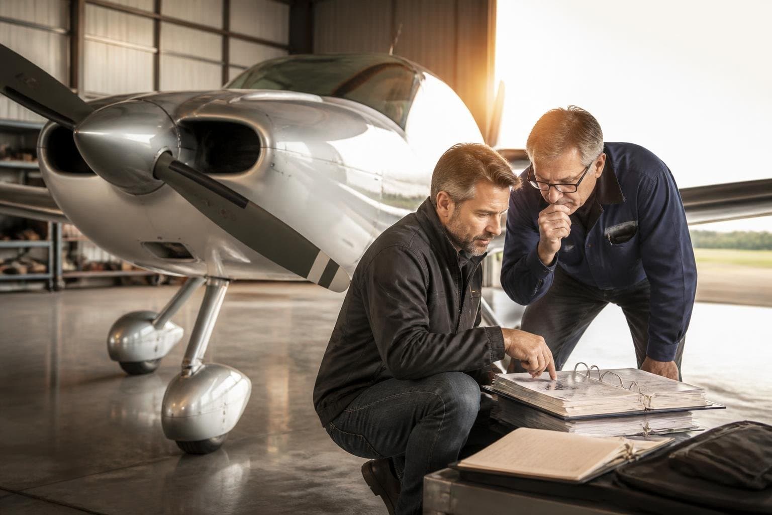 Prospective aircraft buyer and maintenance inspector reviewing organized logbooks beside a generic single-engine aircraft in a sunlit hangar