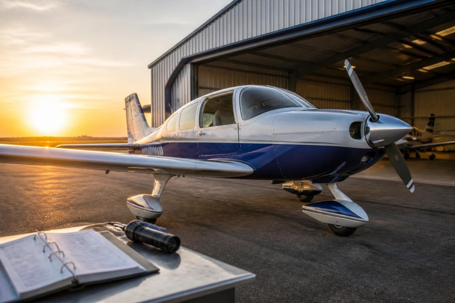 Polished light aircraft with a modernized cockpit outside an open hangar at golden hour
