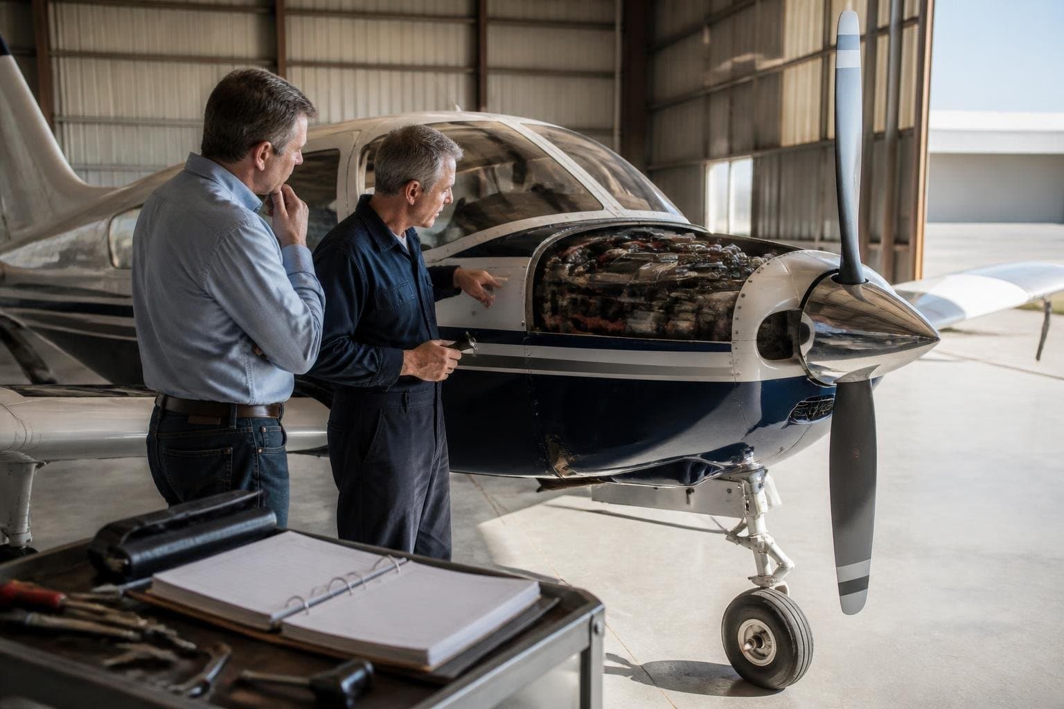 Prospective buyer and independent inspector examining a single-engine aircraft in a sunlit maintenance hangar