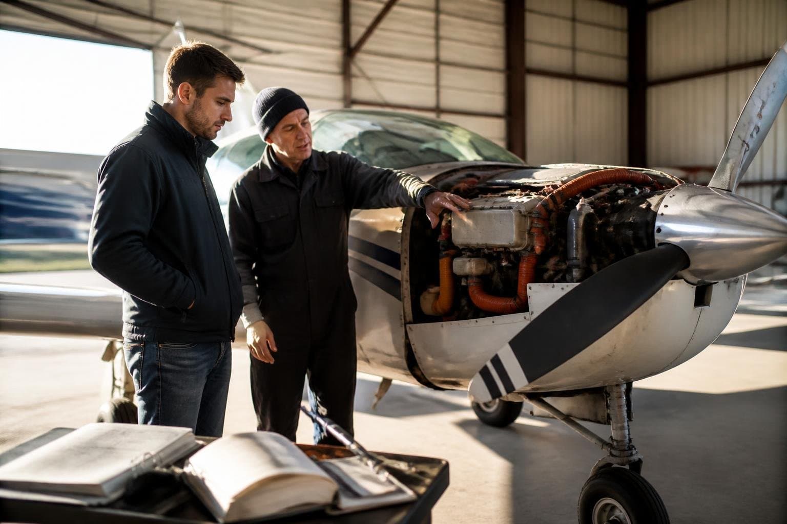 Prospective aircraft buyer and independent mechanic inspecting a single-engine airplane in a maintenance hangar